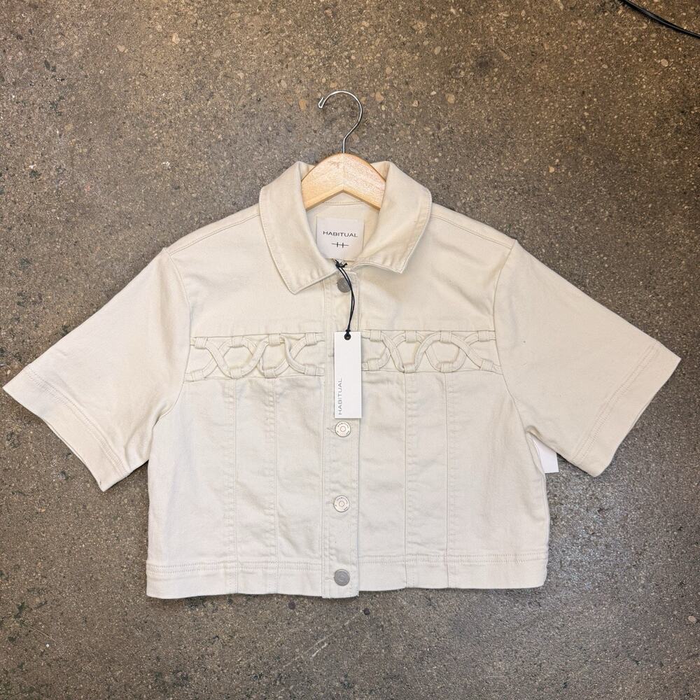 Habitual Cropped Denim Jacket Top Cream Short Sleeve Button Front Chain Detail